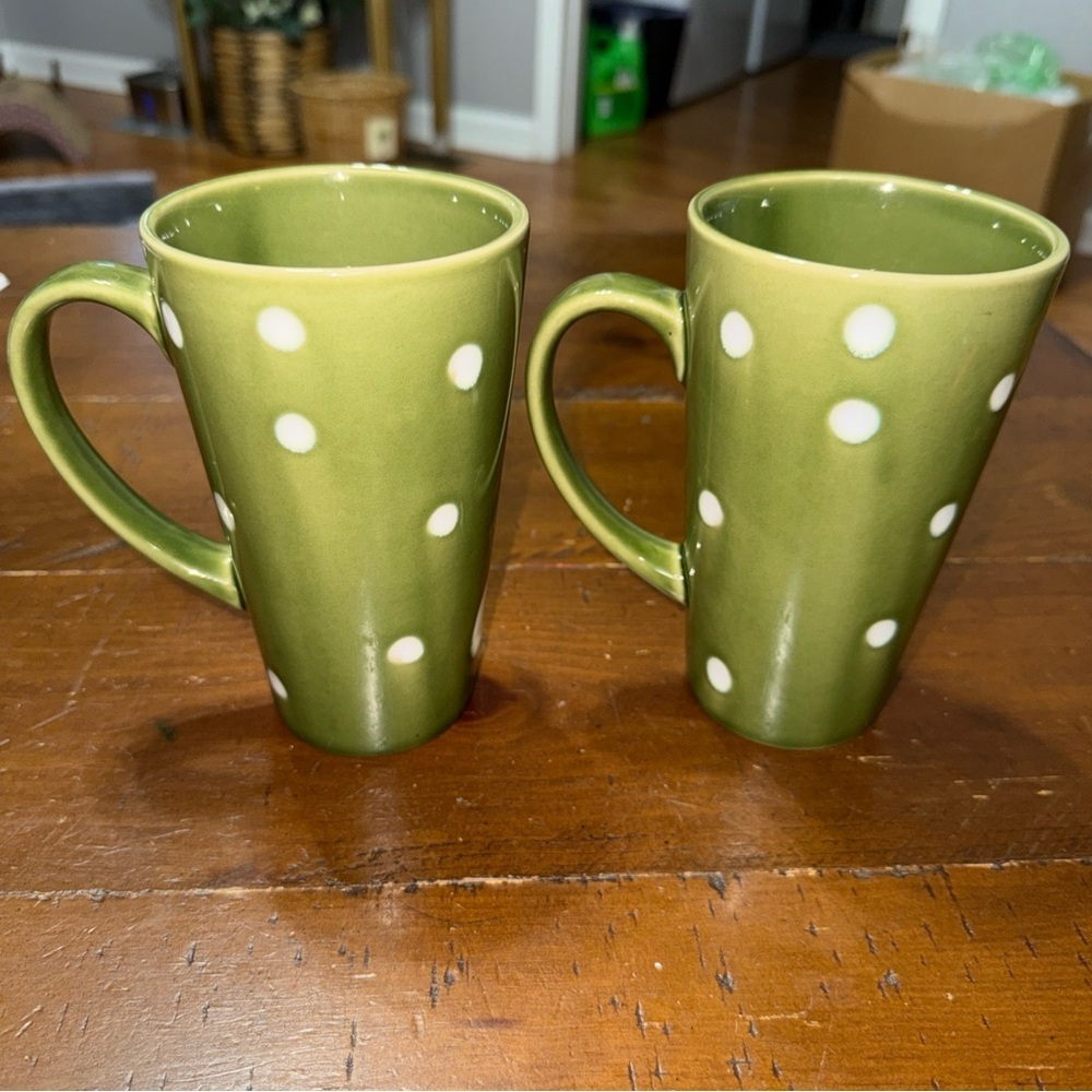 Pier 1 Green and White Mugs set of 2